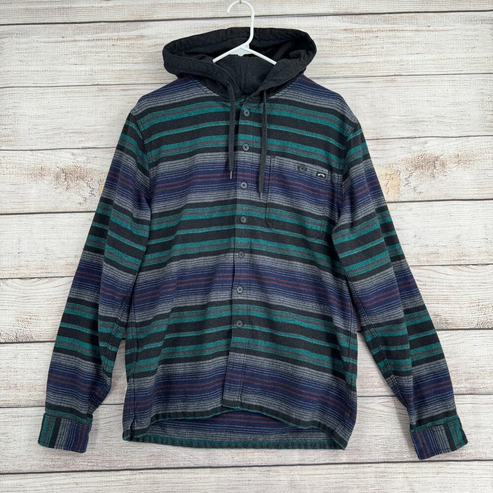 Billabongβ Hooded Flannel Button Down Shirt Mens Medium Blue Gray Green